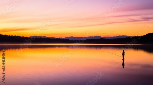 Silhouette of Fisherman Casting Line at Sunset Over Serene Lake 