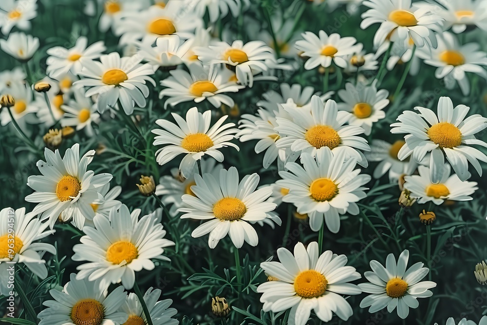Vibrant field of daisies in full bloom, creating a cheerful and lively atmosphere. Vibrant field of daisies in full bloom, creating a cheerful and lively atmosphere.