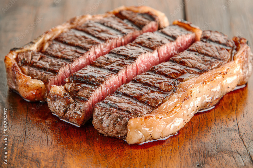 Juicy steak with a perfect sear, showcasing its rich texture and color on a rustic wooden surface. Ideal for food photography. Juicy steak with a perfect sear, showcasing its rich texture and color on a rustic wooden surface. Ideal for food photography.