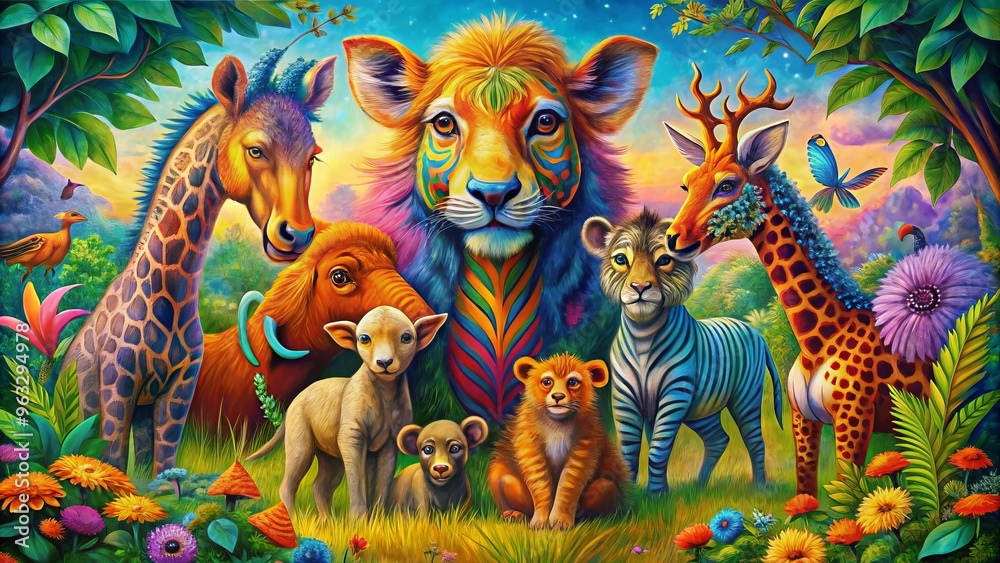 Fototapeta premium Vibrant Bright Colorful Animal Family Painting Mood