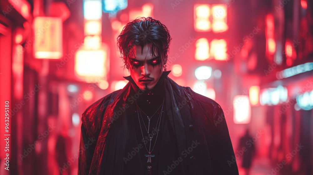 Modern vampire in urban setting, stylish black attire, neon city lights, blending ancient and contemporary themes Modern vampire in urban setting, stylish black attire, neon city lights, blending ancient and contemporary themes