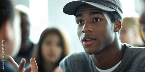 Intense Educator: A young man in a teacher's cap, passionately explaining a complex concept to a group of students.