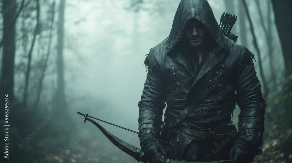 Fototapeta premium Vampire hunter tracking prey in a foggy forest, leather coat, crossbow, intense focus, dark and atmospheric lighting