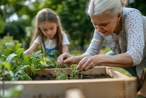 Children and an elderly female instructor participating in an outdoor sustainable education session, planting herbs and vegetable seedlings. The image represents ecoliteracy and experiential learning. photo