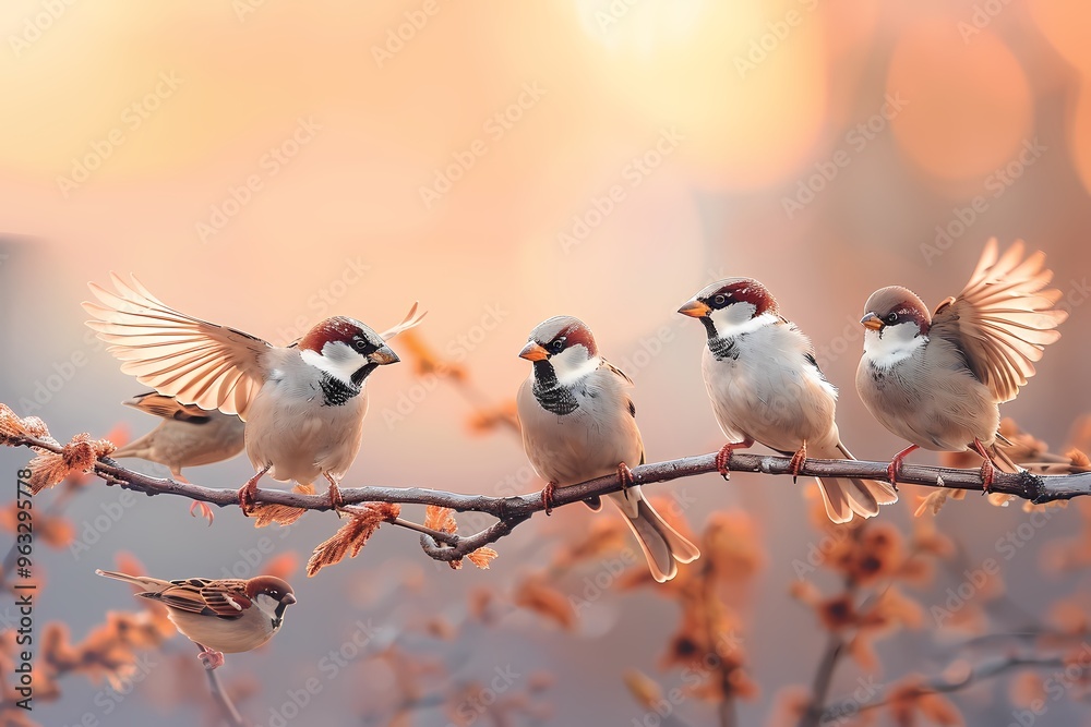Five sparrows perched on a branch against a soft, warm sunset backdrop. Five sparrows perched on a branch against a soft, warm sunset backdrop.