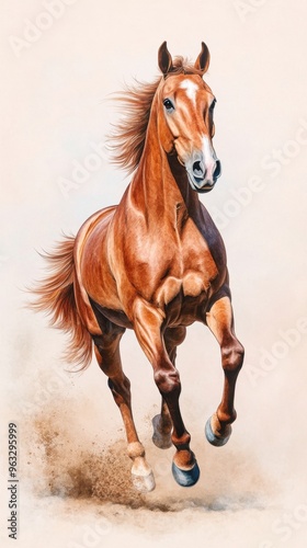 A majestic brown horse galloping gracefully, showcasing its strength and elegance against a soft background.