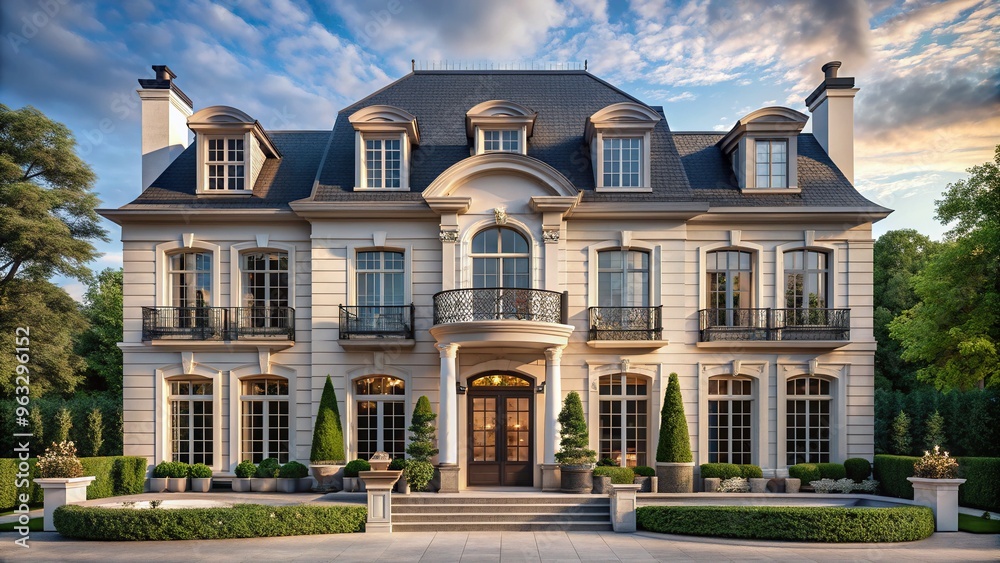 Fototapeta premium Timeless Elegance with French Influences: Mansard roofs, arched windows, elegant balustrades