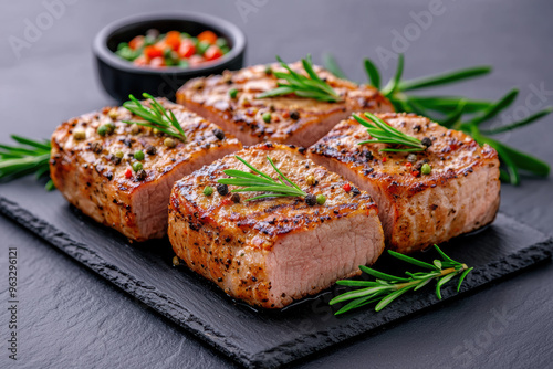 Succulent grilled meat squares garnished with fresh herbs and served with a colorful dipping sauce on a stylish slate plate.