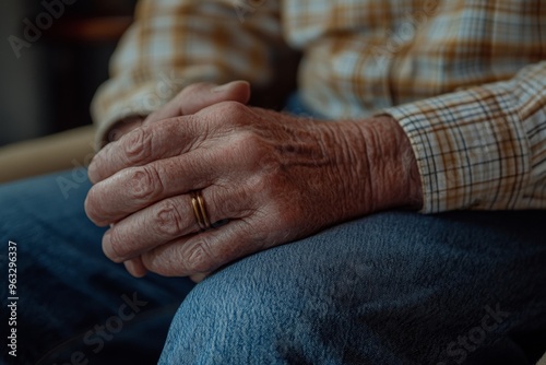 Elderly man's hands clasped in thoughtful contemplation with wedding ring