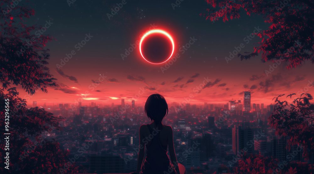 Naklejka premium anime concept sky sunset landscape background eclipse, ai. anime illustrations