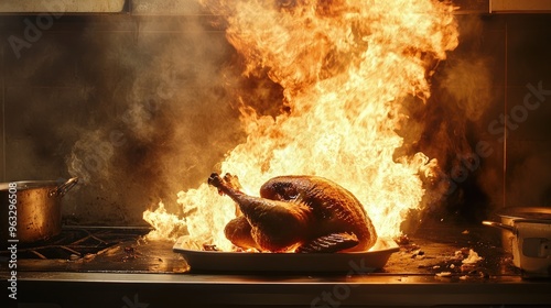 Kitchen disaster where a turkey is aflame, fire roaring over the dish, with smoke trailing upward and panic setting in. photo