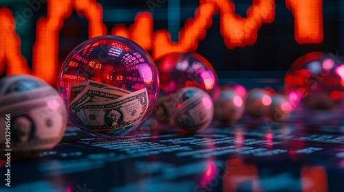 Floating bubbles filled with money about to pop in front of a stock market graph Large space for text in center Stock Photo with copy space