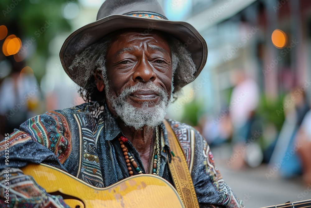 A man with a hat and beard is playing a guitar A man with a hat and beard is playing a guitar