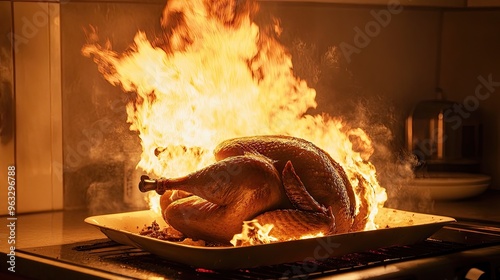 Kitchen mishap with a roast turkey catching fire, smoke billowing from the oven as flames engulf the bird, depicting a holiday dinner gone wrong. photo