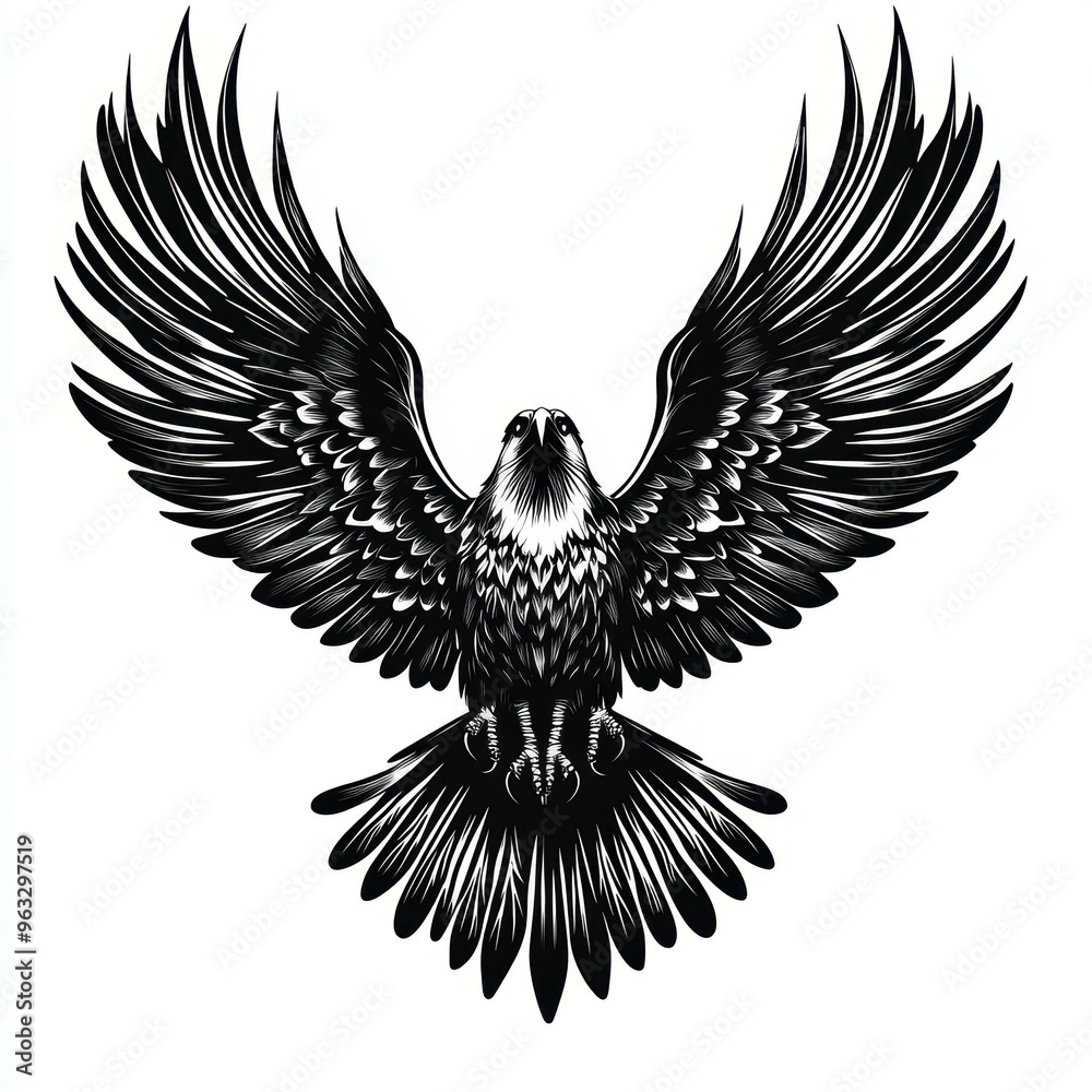 Obraz premium A detailed black and white illustration of an eagle with wings spread wide, suitable for tattoos, logos, or design projects requiring powerful symbolism and intricate art,