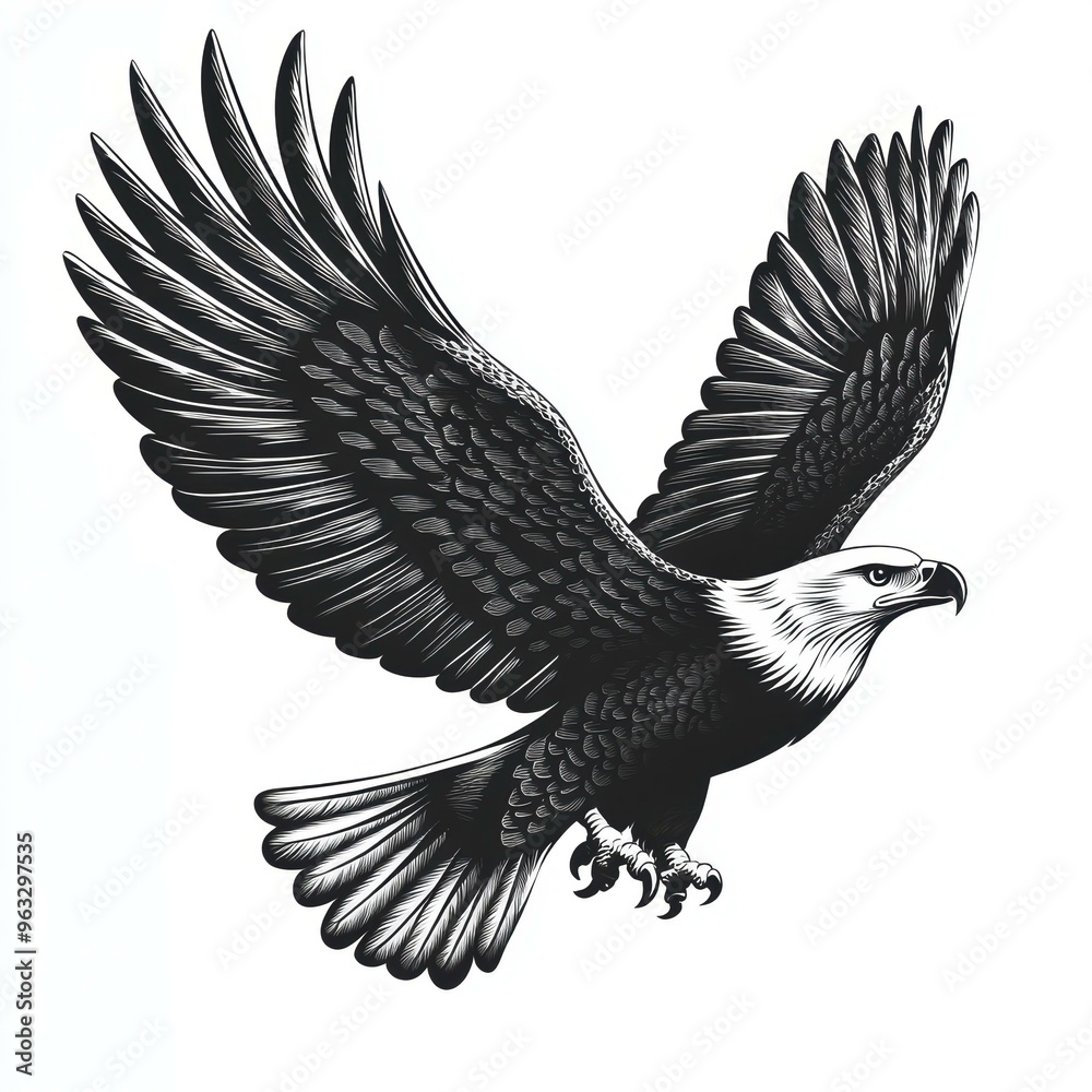 Obraz premium Detailed black and white illustration of a soaring eagle with wings spread wide ideal for branding, logos, posters, and educational purposes,