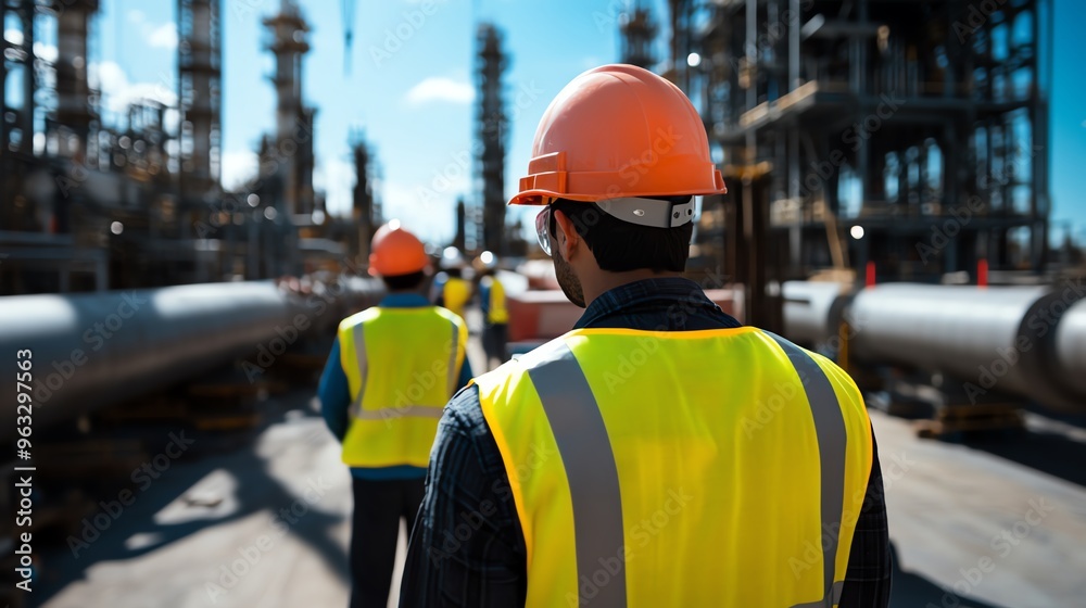 Two construction workers in hard hats and safety vests walk through an industrial site. Two construction workers in hard hats and safety vests walk through an industrial site.