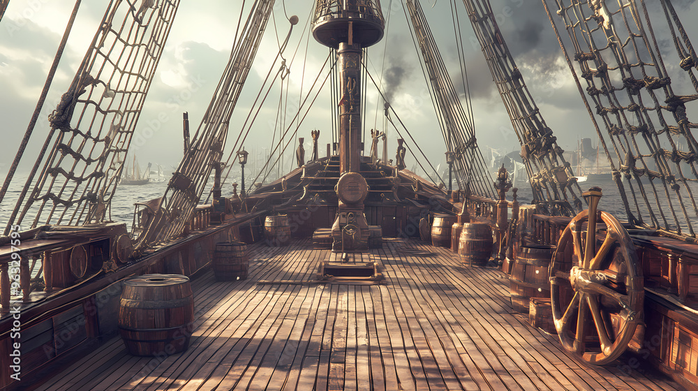 Fototapeta premium Outside of pirate old ship. daylight view of ship background. 3d illustration of deck of a pirate ship. mixed media. Pirate. Illustration