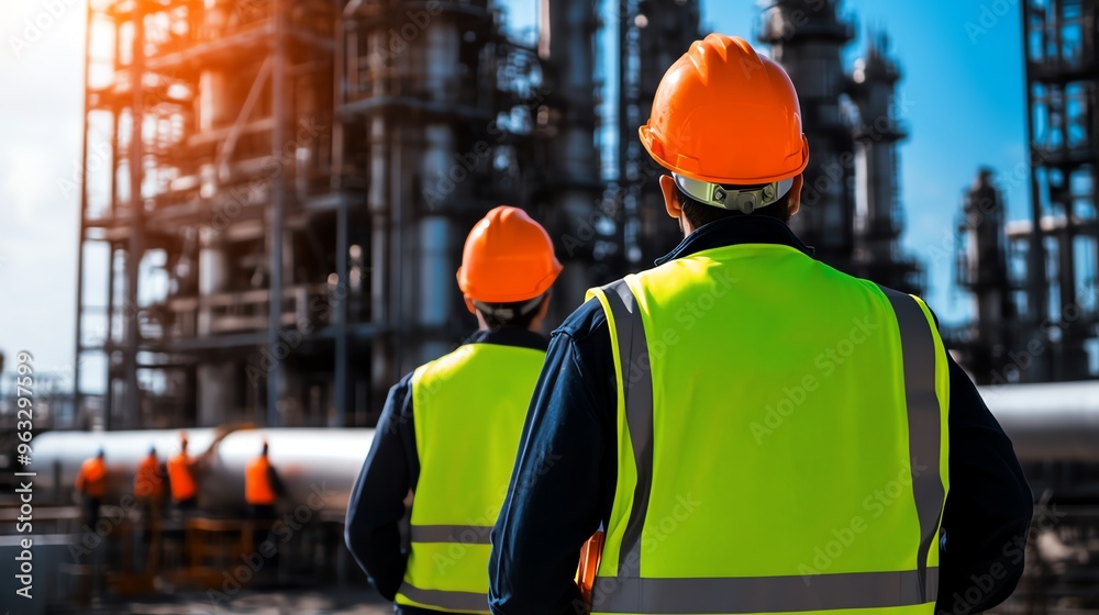 Two construction workers wearing hard hats and safety vests stand in front of an industrial plant. Two construction workers wearing hard hats and safety vests stand in front of an industrial plant.