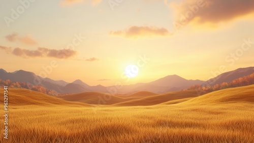 Sun setting over an autumn landscape, golden hues, 3D illustration, copy space for text,