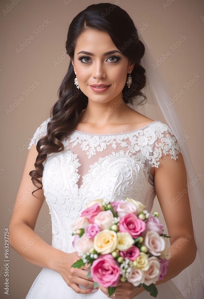 Portrait of a beautiful bride in a white wedding dress with a bouquet of flowers, Bride with a bouquet, closeup Portrait of a beautiful bride in a white wedding dress with a bouquet of flowers, Bride with a bouquet, closeup
