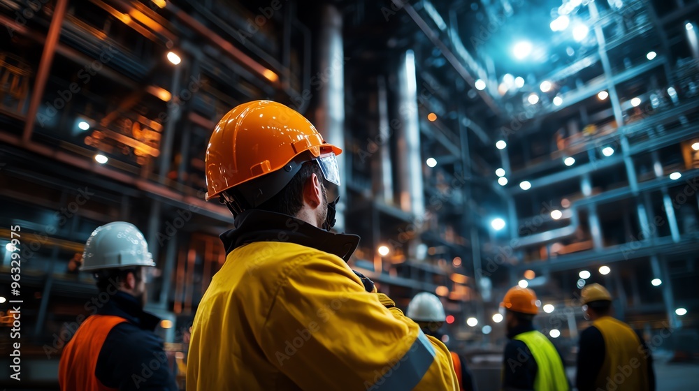 A group of workers in hard hats and safety vests stand in a large industrial facility, looking up at the complex machinery. A group of workers in hard hats and safety vests stand in a large industrial facility, looking up at the complex machinery.