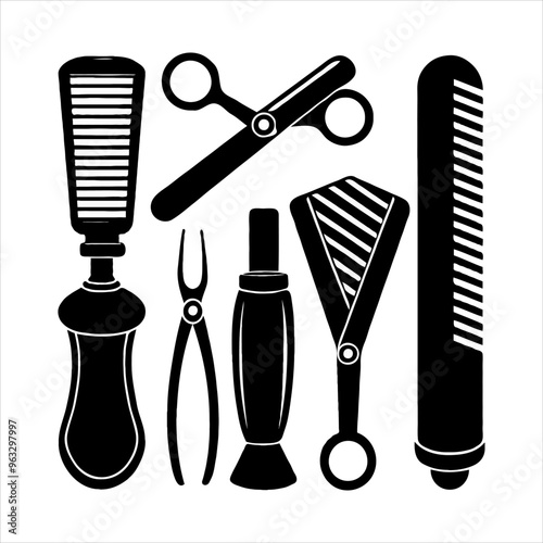 Set of barber shop necessary tools silhouette vector illustration design