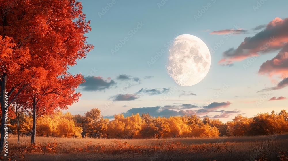 Harvest moon, rising over autumn trees, 3D illustration, copy space for text, Harvest moon, rising over autumn trees, 3D illustration, copy space for text,