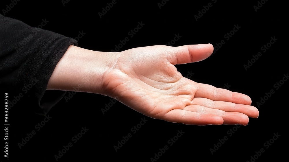 An open hand displayed against a black background, symbolizing offering, help, or communication in various contexts. An open hand displayed against a black background, symbolizing offering, help, or communication in various contexts.