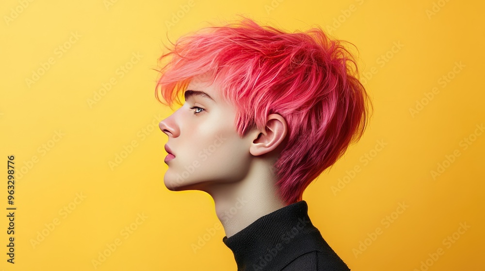 Side view of a young man with bright pink hair, set against a minimalist pastel backdrop, blending fashion and individuality. Side view of a young man with bright pink hair, set against a minimalist pastel backdrop, blending fashion and individuality.