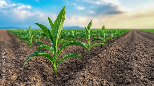 Close-up of healthy green plant sprouting in fertile soil under a bright sky, symbolizing growth and new beginnings.