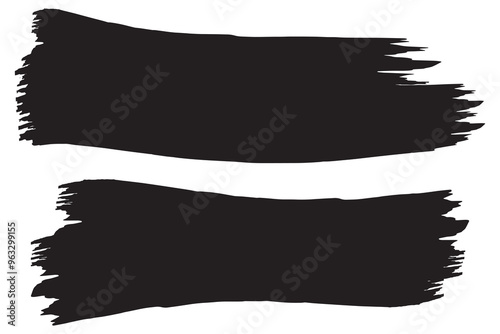 Set of two abstract black ink brush stroke designs on white background ideal for grunge textures, artistic backgrounds, web design elements, and digital projects.