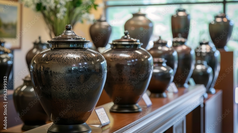 A display of multiple bronze urns arranged on wooden shelves in a funeral home. The image highlights the variety of urn designs and their polished surfaces, used for cremation purposes. A display of multiple bronze urns arranged on wooden shelves in a funeral home. The image highlights the variety of urn designs and their polished surfaces, used for cremation purposes.