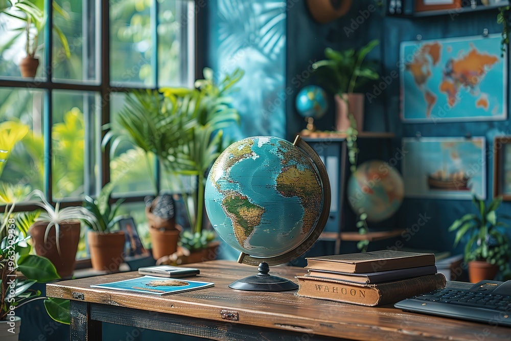A desk with a globe on it and a keyboard A desk with a globe on it and a keyboard