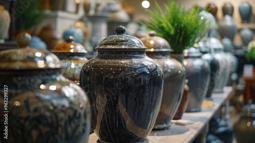 A row of polished nature stone urns placed on wooden shelves, featured in a calm setting with soft natural light. The arrangement emphasizes funeral traditions and urn design.