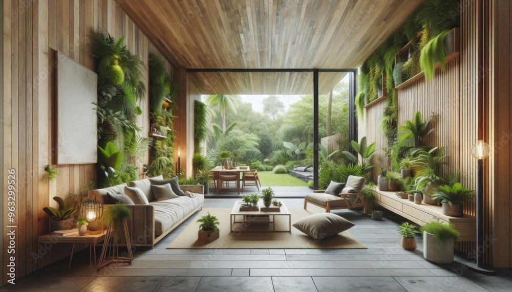 Fototapeta premium Contemporary Living Room with Abundant Green Plants, Vertical Garden Wall, and Cozy Wooden Furniture Creating a Tranquil Urban Oasis