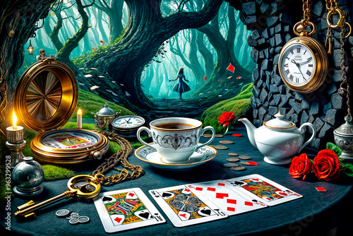 Alice falls down a rabbit hole surrounded by floating cards, coins, clocks and books in a wonderland photo