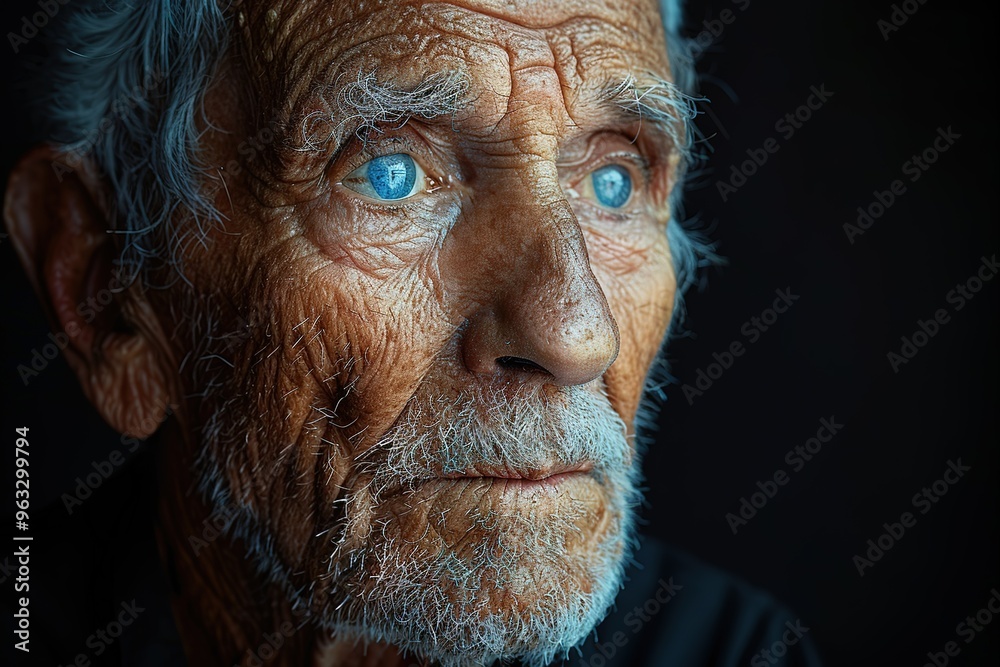A man with a blue eye staring at the camera A man with a blue eye staring at the camera