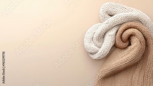 Fall fashion, cozy sweaters and scarves, 3D illustration, copy space for text,