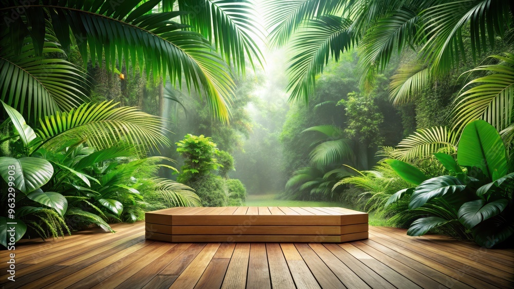 Fototapeta premium Wooden floor podium surrounded by lush tropical leaves in a serene forest setting, podium, wooden, floor