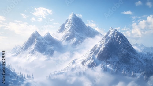 Snowy Mountain Peaks Emerging From a Sea of Clouds