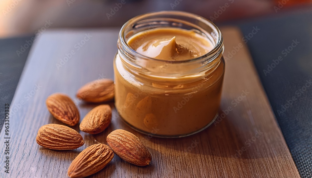 Almond Butter in a jar, homemade butter, Generative AI Almond Butter in a jar, homemade butter, Generative AI