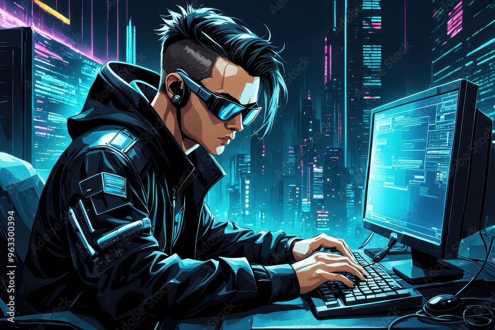 A cyberpunk-themed figure working on a computer in a futuristic cityscape. A cyberpunk-themed figure working on a computer in a futuristic cityscape.