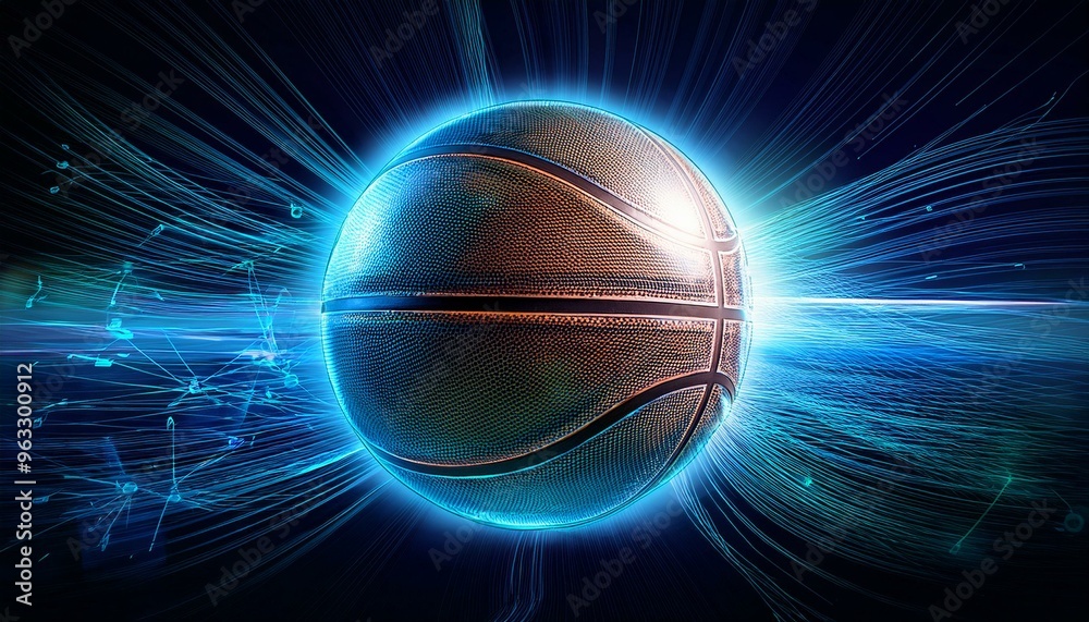 digital hologram basket ball with glowing data streams