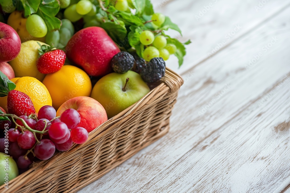 A wicker basket brimming with an assortment of fresh fruits such as apples, grapes, strawberries, and citrus. A wicker basket brimming with an assortment of fresh fruits such as apples, grapes, strawberries, and citrus.