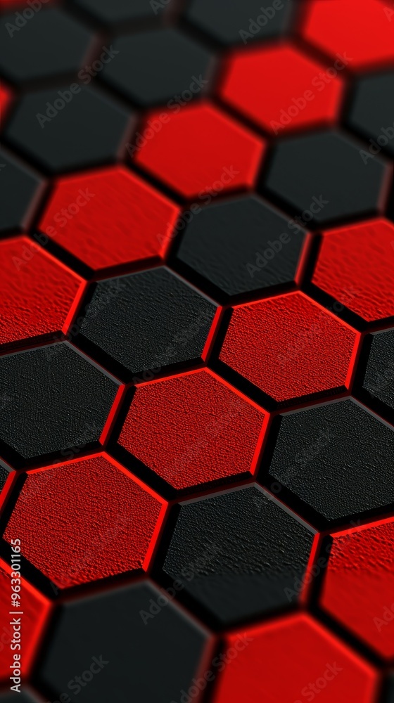 A close-up of a red and black hexagonal pattern, creating a modern and geometric design. The hexagons are arranged in a grid-like structure with alternating colors, giving the image a three-dimensiona A close-up of a red and black hexagonal pattern, creating a modern and geometric design. The hexagons are arranged in a grid-like structure with alternating colors, giving the image a three-dimensiona