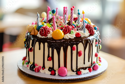 A round white and chocolate cake with various candies, sprinkles, and lit candles on top. It's on a wooden table.