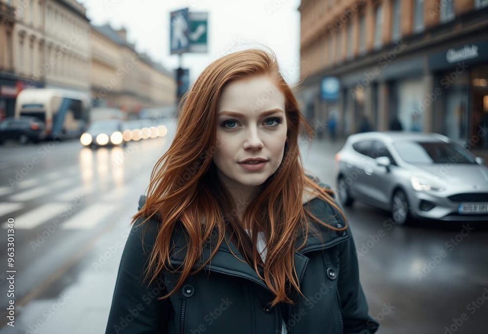 Red hair beautiful woman on the streets of glasgow during a rainy day photography 