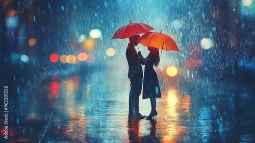 Romantic couple with umbrellas sharing a moment in the rain, capturing love and intimacy under the city lights.