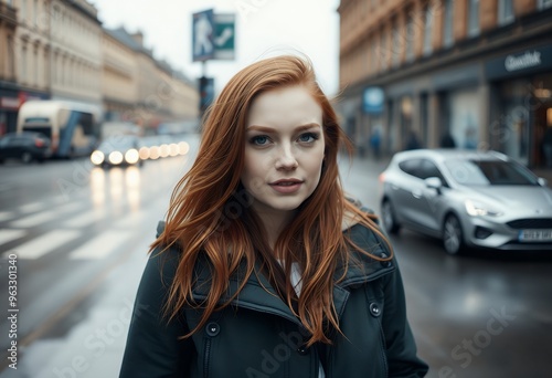 Red hair beautiful woman on the streets of glasgow during a rainy day photography 